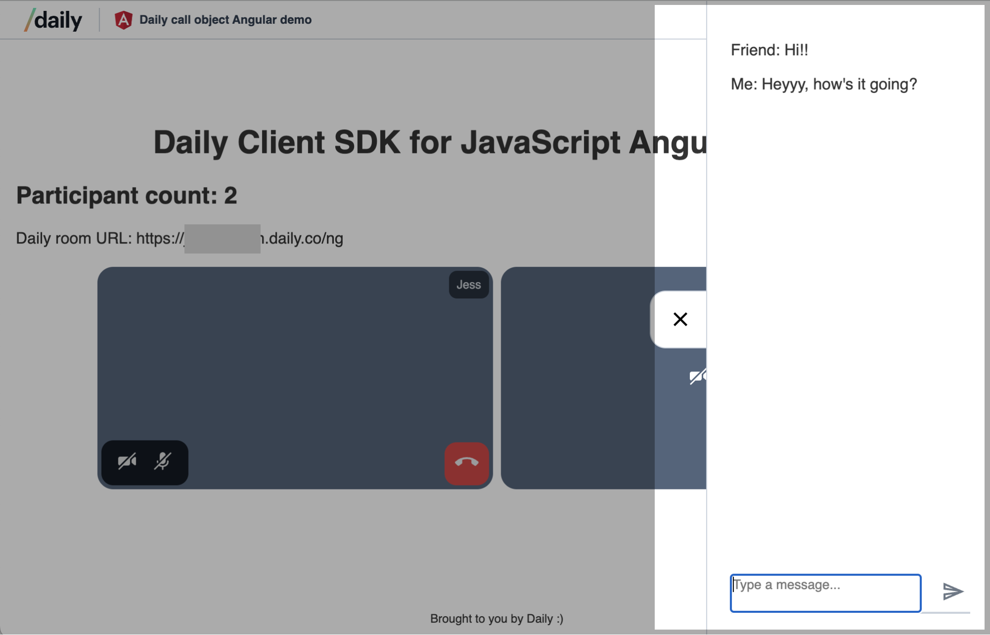 Slide-out chat panel on the right-hand side of the Angular video app