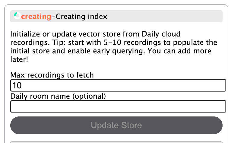 "Creating index" status being displayed in the UI