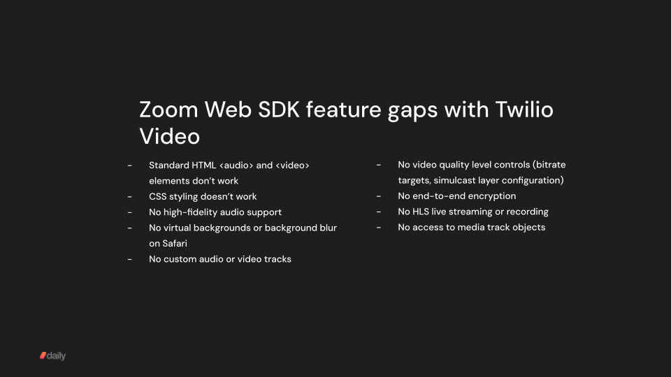 Zoom Web SDK feature gaps with Twilio Video