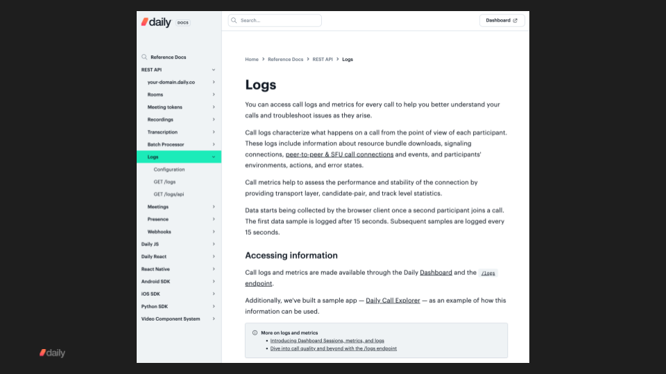 Daily's REST API logs endpoint documentation