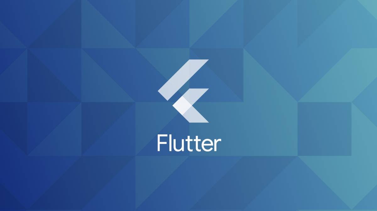 Flutter logo on an abstract blue geometric and gradient background
